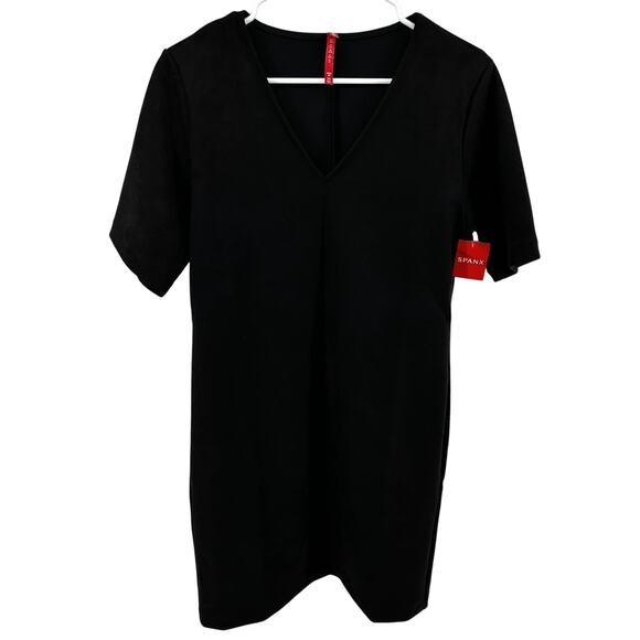 Spanx Faux Suede Column Dress Shift V-neck Short Sleeve Classic Black M NWT - Picture 2 of 7